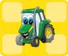 A cartoon tractor with a smiling face on a yellow background with faint outlines of farm equipment. Produktbild-Vorschau