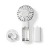 A white portable fan with its battery compartment open and the battery cover removed, shown on a white background. Produktbild-Vorschau