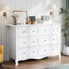 A white dresser with six drawers is shown in a well-lit room with a striped wallpaper background. Voir les images du produit