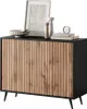 A black and wood-effect sideboard with decorative items on top. Produktbild-Vorschau