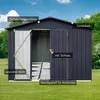 A dark gray metal garden shed with its doors open, set against a grassy lawn and a blue sky with clouds. Produktbild-Vorschau