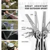 Collage of images showing a multi-tool being used in various outdoor scenarios, with a detailed diagram of the tool's components. Náhled obrázku produktu