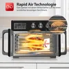 A digital air fryer oven with a chicken roasting on a spit inside, showcasing its interior and heating elements. Produktbild-Vorschau