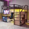 A loft bed with a desk and storage underneath, set up in a modern room with neon lighting. Produktbild-Vorschau