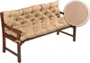 A tufted beige bench cushion on a wooden bench. Produktbild-Vorschau