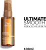 A bottle of Wella Ultimate Smooth Miracle Oil Serum is shown against a white background, with the product name and details displayed to the right. Produktbild-Vorschau