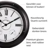 A close-up of a wall clock with descriptive text overlays highlighting its features. Produktbild-Vorschau