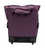 The back view of a purple shopping roller bag with black wheels and accents, set against a white background. Voir les images du produit