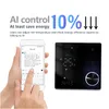 A hand holding a smartphone displaying a chat interface next to a smart thermostat on a white background. Náhled obrázku produktu