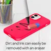 A neon pink phone case is shown with a marker drawing on it and an eraser nearby, suggesting the ink can be easily removed. A pencil holder with colored pencils is in the background. Produktbild-Vorschau
