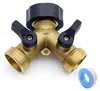 A brass Y-splitter for a garden hose with two black levers and a roll of white Teflon tape. Produktbild-Vorschau