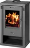 A gray wood-burning stove with a glass door showing burning logs. Náhled obrázku produktu