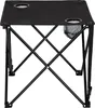 A black folding table with cup holders and a mesh storage bag. Produktbild-Vorschau
