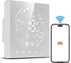 A smart thermostat and a smartphone are displayed side-by-side. The thermostat has a digital display showing temperature and time, with various icons around the screen. The smartphone displays the Tuya app interface. Podgląd zdjęcia produktu