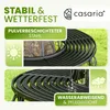 A split image showing a black metal garden bench with text overlays highlighting its features. Produktbild-Vorschau