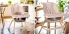 A collage of two images showing a pink Nukido Tilo high chair in a kitchen setting. Voir les images du produit