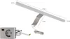 A close-up view of a silver LED light fixture with dimensions indicated by text overlays, and a separate silver electrical outlet box with wiring. Produktbild-Vorschau