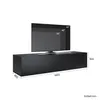 A black TV cabinet with a television on top, shown with dimensions indicated. Voir les images du produit
