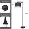 Diagrams and close-ups of a floor lamp, showing its dimensions, foot switch, and plug. Produktbild-Vorschau