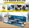 A blue and silver benchtop metal lathe is shown on a wooden surface, with four inset images above demonstrating its capabilities. Produktbild-Vorschau