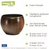 A brown ceramic planter with a wood-like finish is shown next to descriptive text and icons. Produktbild-Vorschau