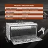 A silver aluminum truck tool box with its lid open, shown on a dark asphalt surface with a hint of a vehicle in the background. Product specifications are displayed in a graphic overlay. Anteprima dell’immagine prodotto