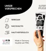 A hand holding a tube of cream with a smiley face drawn on the back of the hand with the cream. The background has text and icons. Produktbild-Vorschau