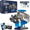 A collage of images showing a model V8 engine, its packaging, and instructional materials. Produktbild-Vorschau