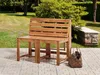 A wooden garden bench with two accompanying stools is set up on a paved patio in a garden setting. Produktbild-Vorschau