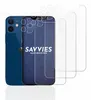 A blue iPhone 12 mini is shown next to three clear screen protectors, with the brand name 'SAVVIES' visible on the phone screen. Produktbild-Vorschau