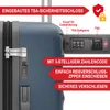 Close-up of a suitcase lock and zipper with text overlays explaining features. Produktbild-Vorschau