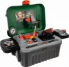 A toy tool bench and toolbox set for children, displayed open with various tools and accessories. Voir les images du produit