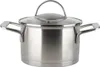 A stainless steel pot with a glass lid and two handles, shown from the front on a white background. Produktbild-Vorschau