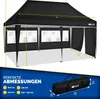 A diagram showing the dimensions of a black pop-up tent, with a separate image of the tent packed in a bag. Produktbild-Vorschau