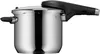 A stainless steel pressure cooker with a black handle and lid, shown from the side against a white background. Produktbild-Vorschau