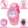 A pink children's watch with unicorn decorations, shown with callouts highlighting its features. Produktbild-Vorschau