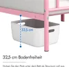 A white storage bin is placed under a pink metal bed frame, illustrating the under-bed clearance. Produktbild-Vorschau