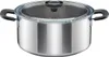 A stainless steel pot with a glass lid and black handles, shown from a front-diagonal angle against a white background. Podgląd zdjęcia produktu