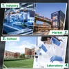 A collage of four images, each representing a different environment: industry, market, school, and laboratory. Each image has a numbered label and a descriptive title. Produktbild-Vorschau