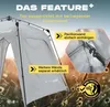 A grey pavilion tent with promotional text and close-up detail of a hook attachment. Voir les images du produit
