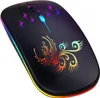 A black wireless mouse with a phoenix design and colorful LED lights. Produktbild-Vorschau