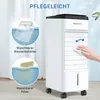 A white mobile air cooler is shown with illustrative insets highlighting its washable water tank and filter, and a hand wiping its surface. Produktbild-Vorschau