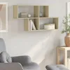 A modern living room setting with a wall-mounted shelf unit. Voir les images du produit