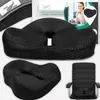 A collage of images showing a black orthopedic seat cushion, its packaging, and a woman using a similar cushion in an office setting. Podgląd zdjęcia produktu