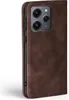 A close-up side view of a brown leather flip case for a smartphone, showing the camera module. Produktbild-Vorschau