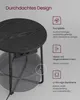A round black side table with integrated power outlets and a gray fabric storage bin underneath, shown with feature callouts. Produktbild-Vorschau