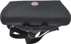 A black backpack with a beige circular logo on top, viewed from above. Produktbild-Vorschau