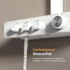 A close-up view of a modern white shower control panel with water flowing from a spout. Podgląd zdjęcia produktu