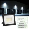 A floodlight is shown in the foreground, with a building facade with loading docks illuminated by floodlights in the background. Produktbild-Vorschau