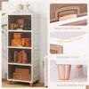 A tall, white storage cabinet with transparent doors, showcasing its features with close-up insets and descriptive text. Náhľad obrázku produktu